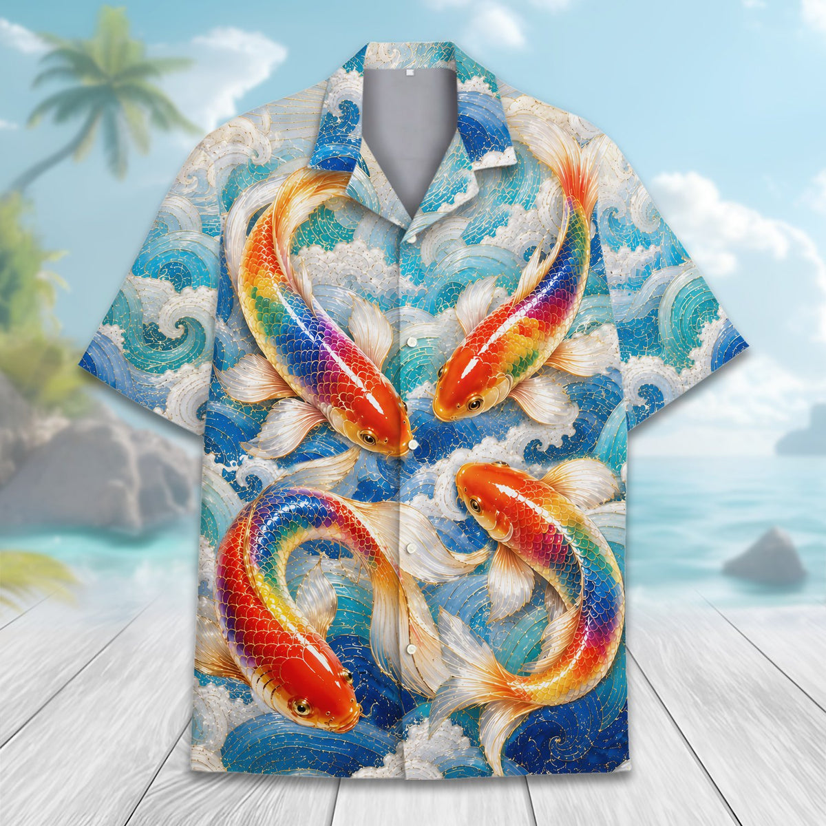 Detail view of the colorful koi fish scales on the shirt