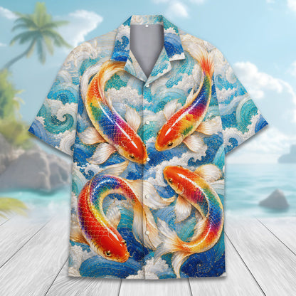 Detail view of the colorful koi fish scales on the shirt