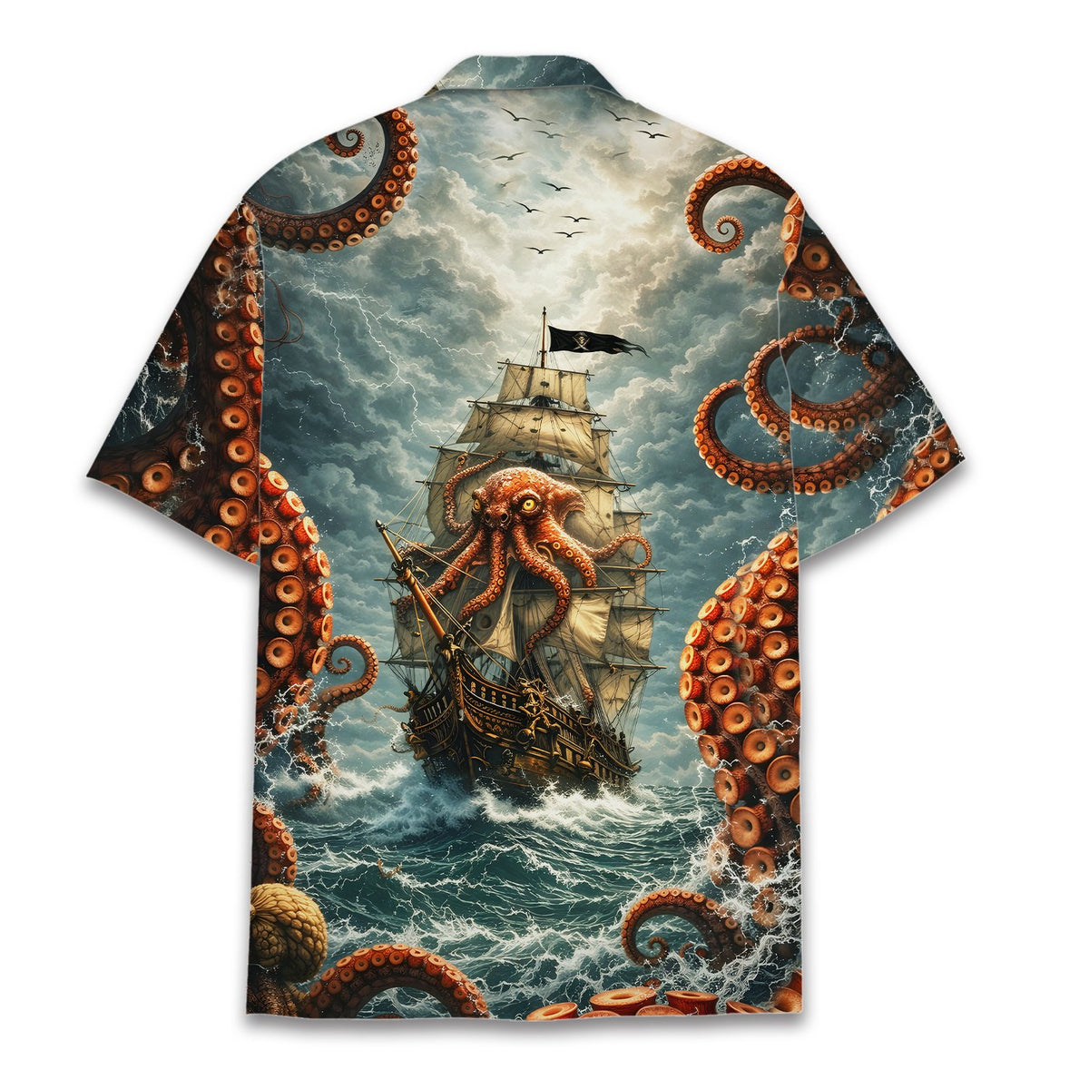 Back view of the matching family hawaiian shirt with ocean and ship details