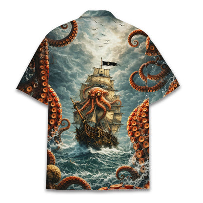 Back view of the matching family hawaiian shirt with ocean and ship details