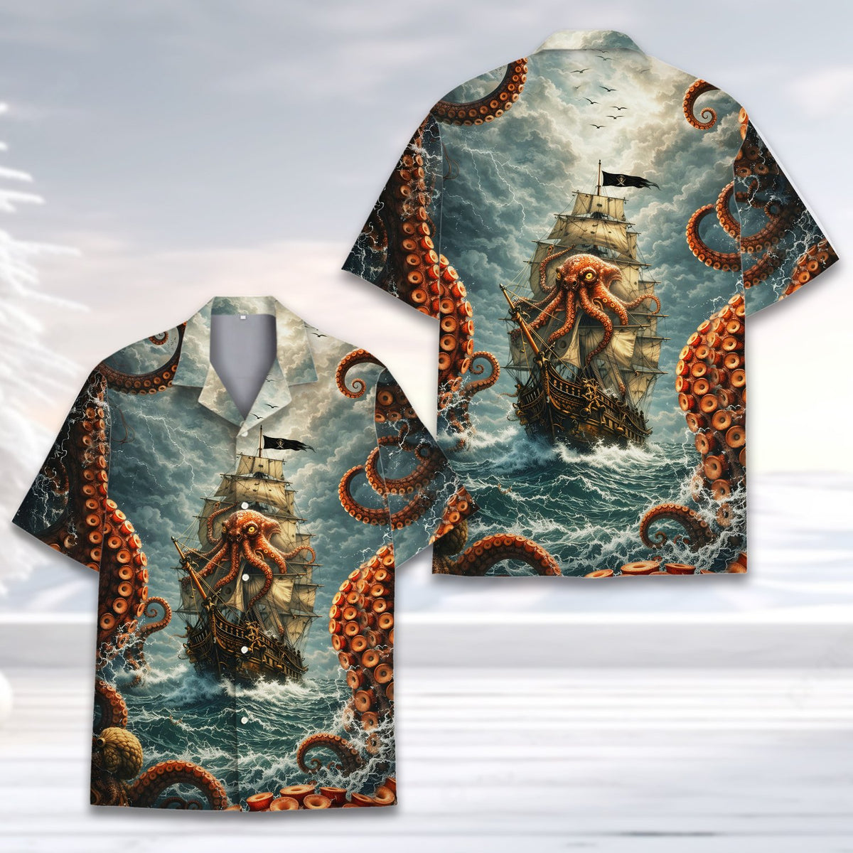 Close-up front view of the detailed pirate ship and stormy sky design