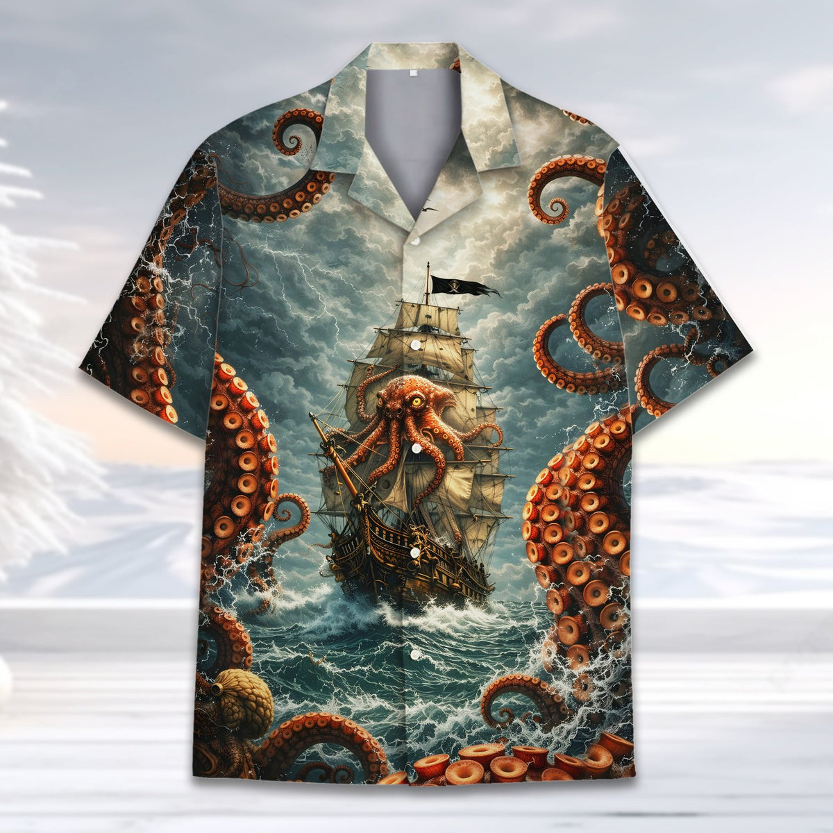 Detailed front view of the large orange tentacles on the hawaiian shirt