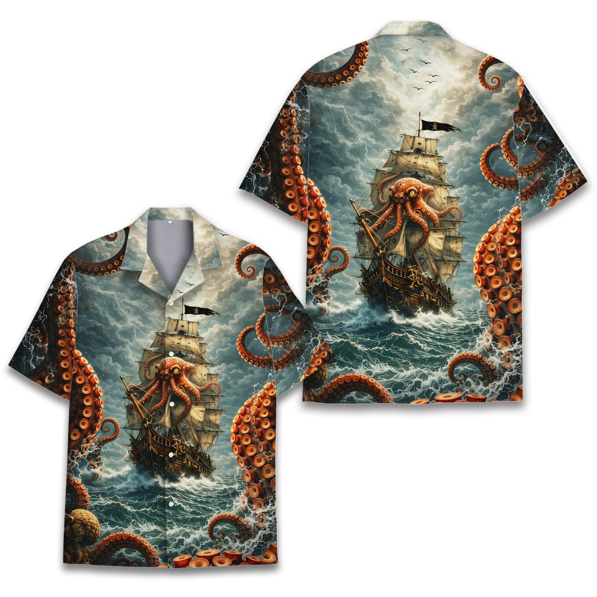 Front view of the striking blue and orange octopus pirate hawaiian shirt