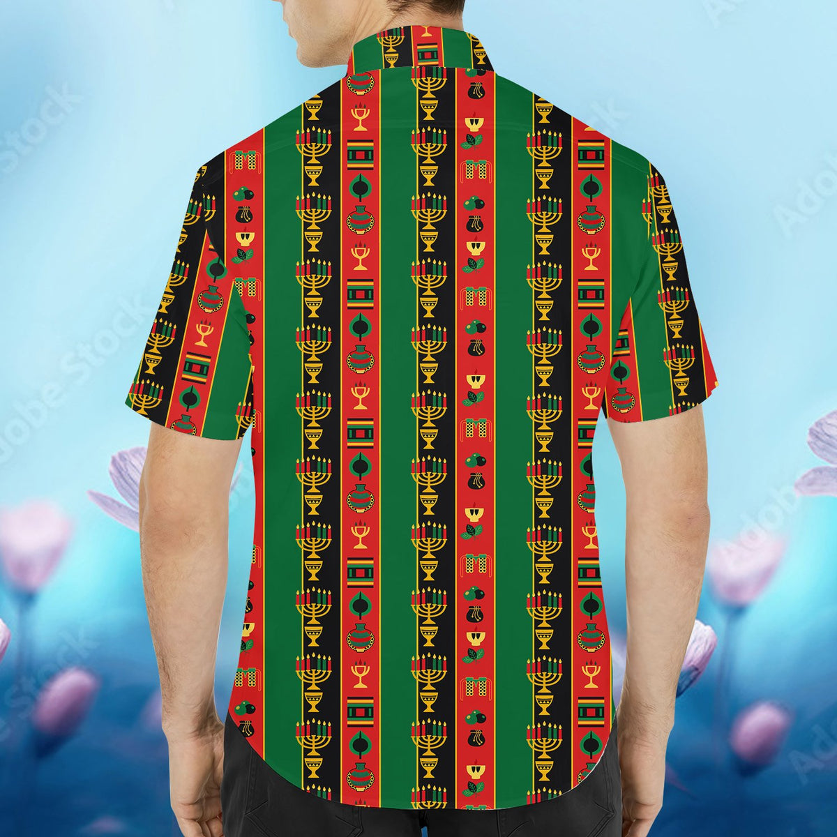 Back view of the striped Kwanzaa Hawaiian shirt in green, red, black, and yellow