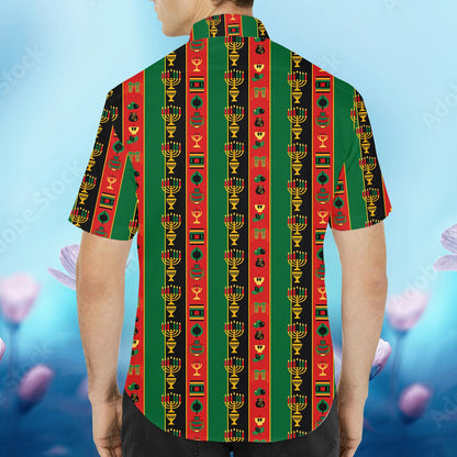 Back view of the striped Kwanzaa Hawaiian shirt in green, red, black, and yellow