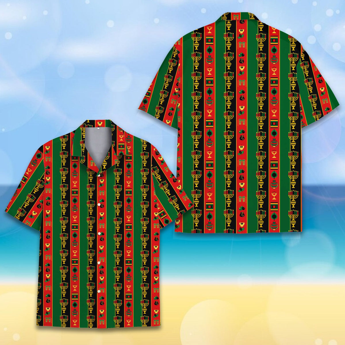 Detailed front view of the Kwanzaa Hawaiian shirt showing pan-African colors