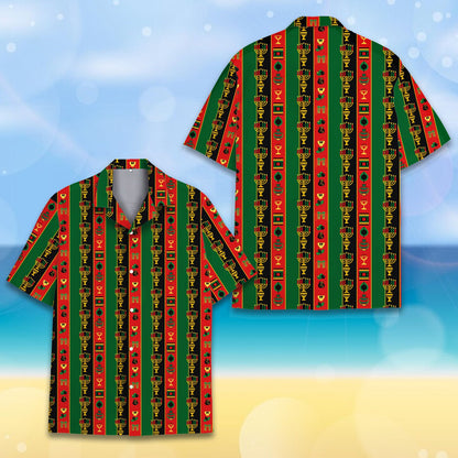 Detailed front view of the Kwanzaa Hawaiian shirt showing pan-African colors