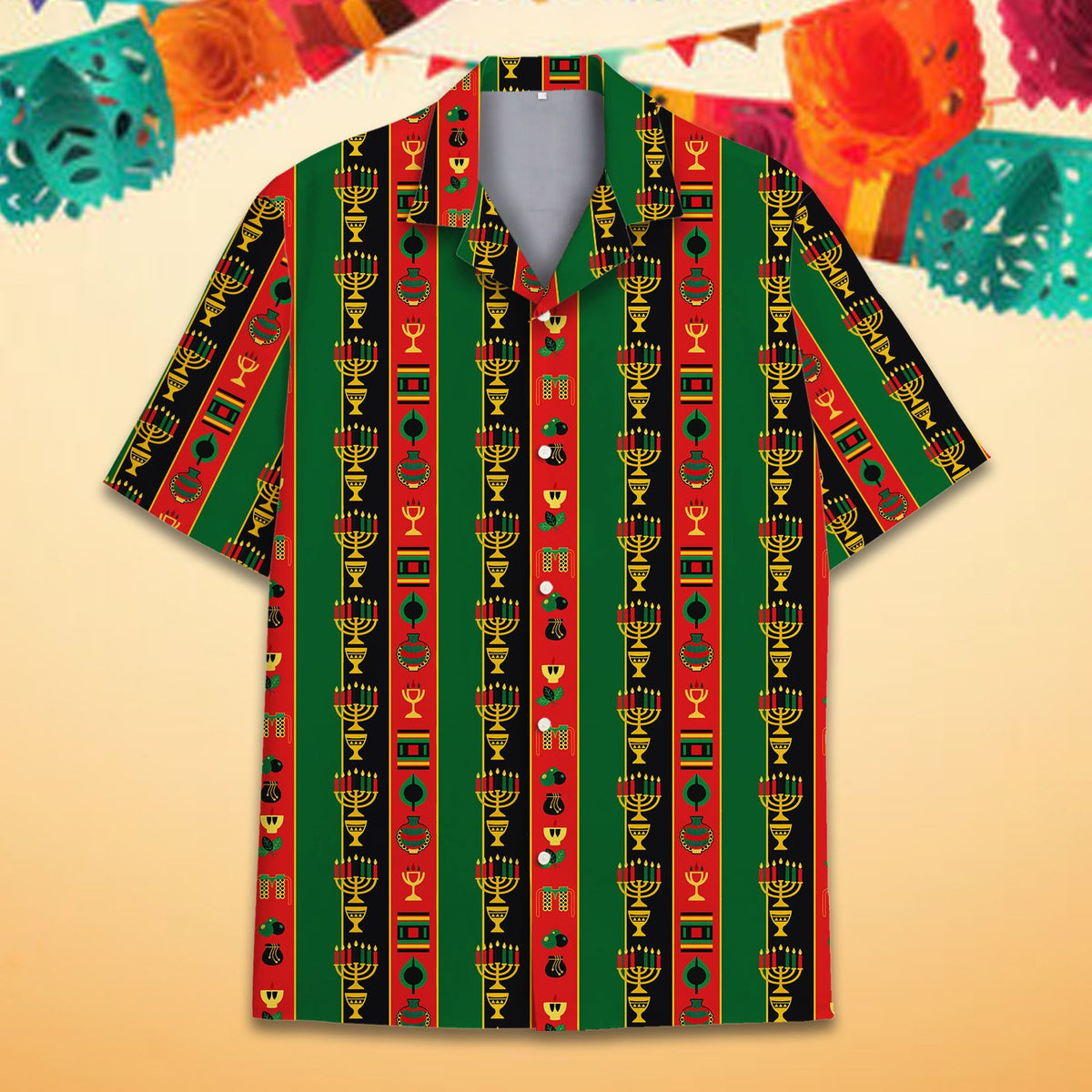 Close up of the matching family Hawaiian shirt front showing striped kinara pattern