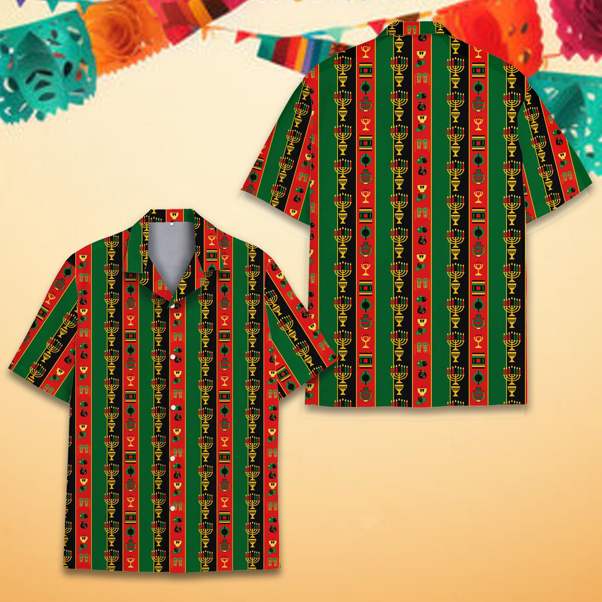Additional front detail of the green Kwanzaa Hawaiian shirt