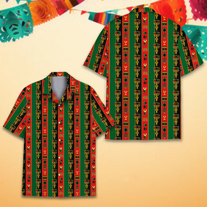 Additional front detail of the green Kwanzaa Hawaiian shirt
