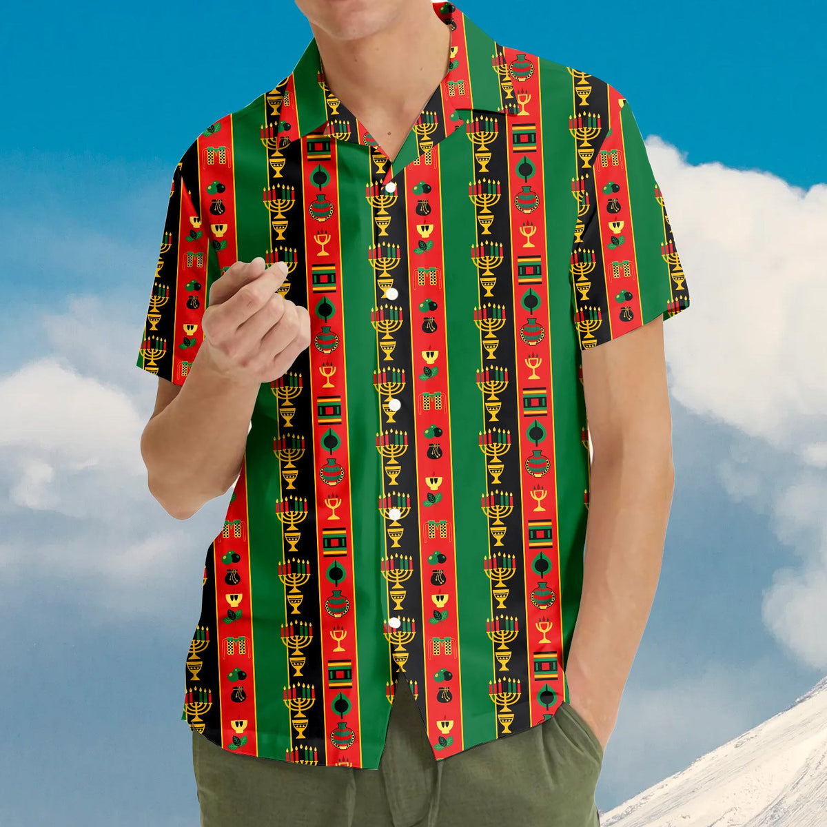 Second lifestyle view of the Kwanzaa family hawaiian shirt