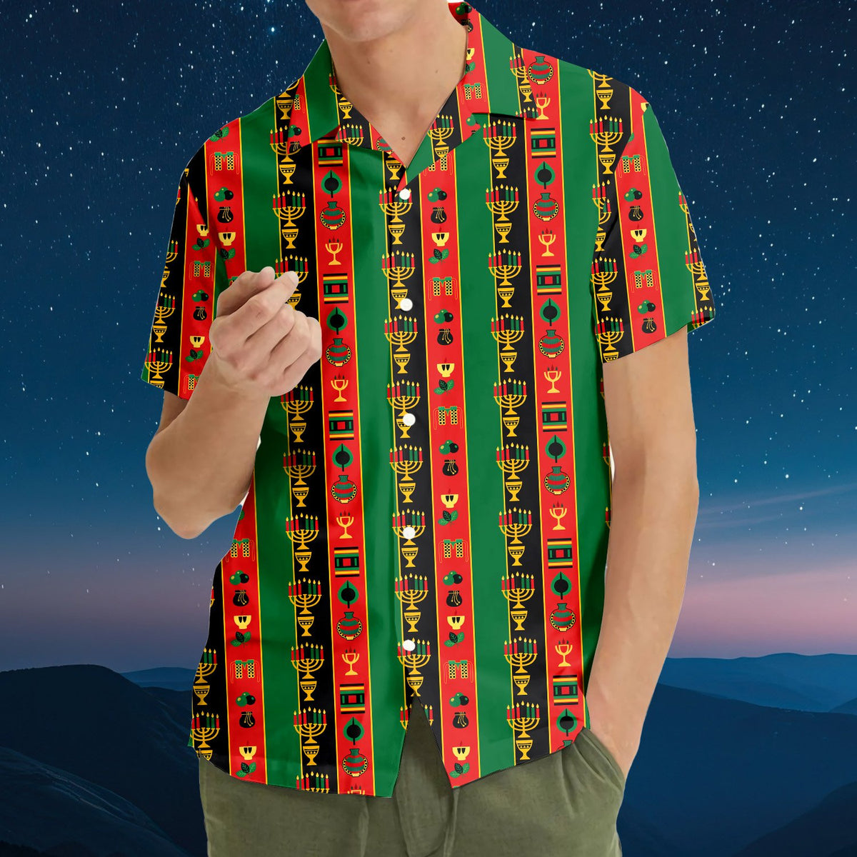 Third lifestyle view showing the matching family hawaiian shirts in a festive setting