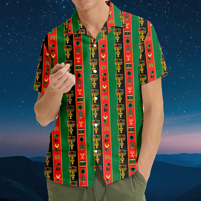 Third lifestyle view showing the matching family hawaiian shirts in a festive setting