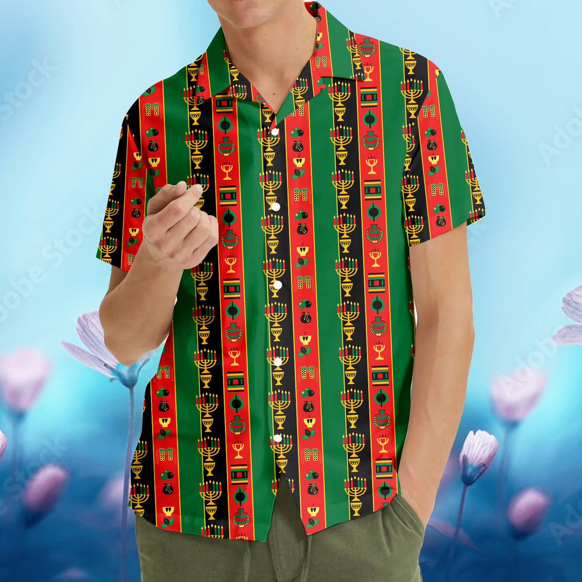Fourth lifestyle view of the green Kwanzaa Hawaiian shirt on a model