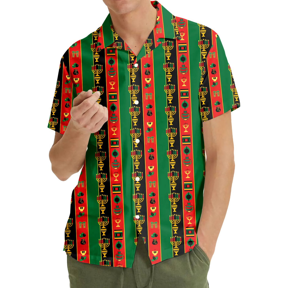 Lifestyle view of the matching family green Kwanzaa Hawaiian shirt being worn