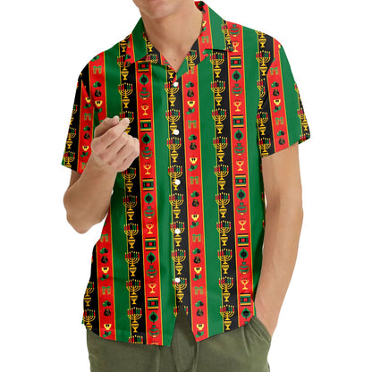 Lifestyle view of the matching family green Kwanzaa Hawaiian shirt being worn