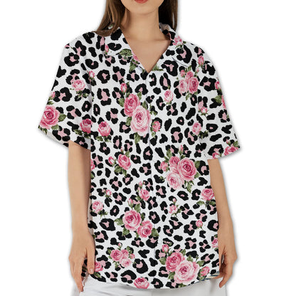 White hawaiian shirt with black and pink leopard spots and pink roses, main view