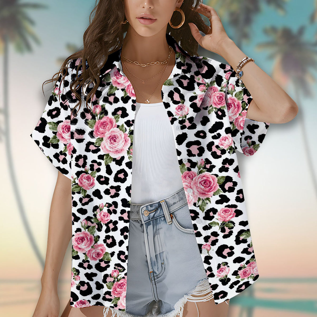 Family wearing matching leopard floral hawaiian shirts outdoors