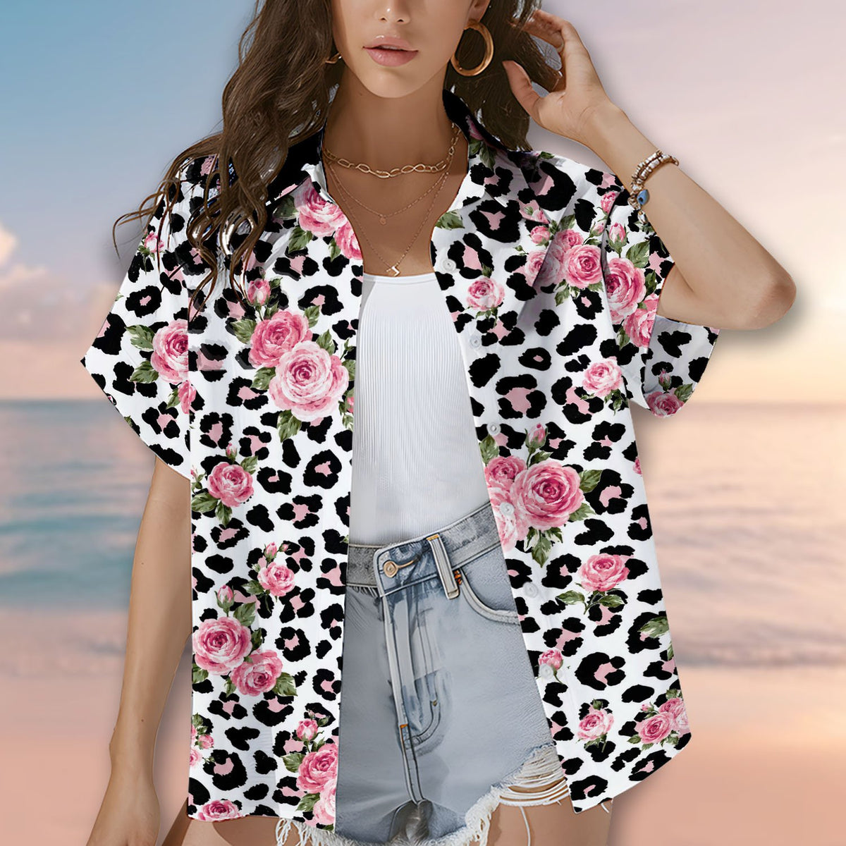 Another lifestyle view of matching family hawaiian shirts with leopard floral design