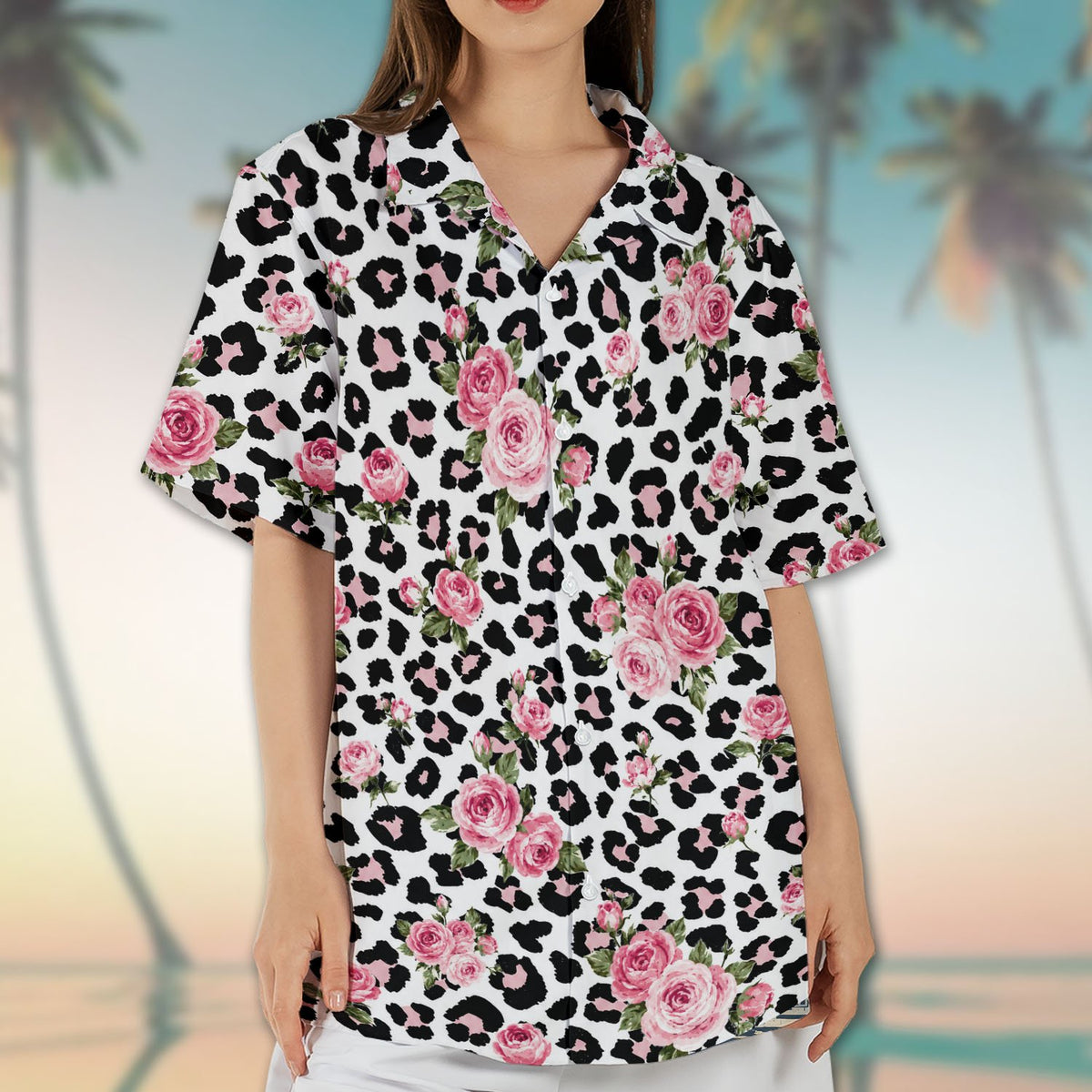Lifestyle view showcasing the fit of the leopard floral hawaiian shirt