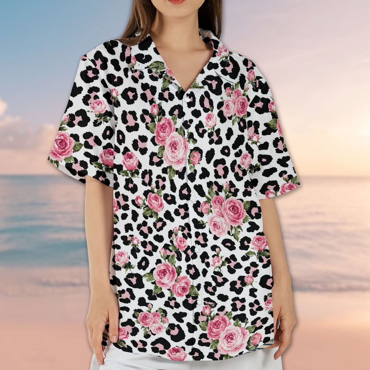 Final lifestyle view of the matching family hawaiian shirt in leopard floral