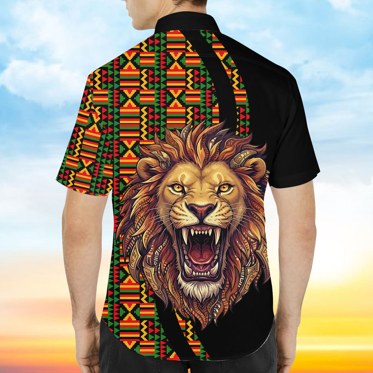 Detailed back view of the roaring lion hawaiian shirt