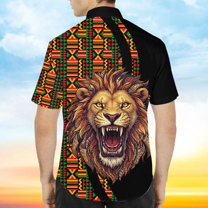 Detailed back view of the roaring lion hawaiian shirt
