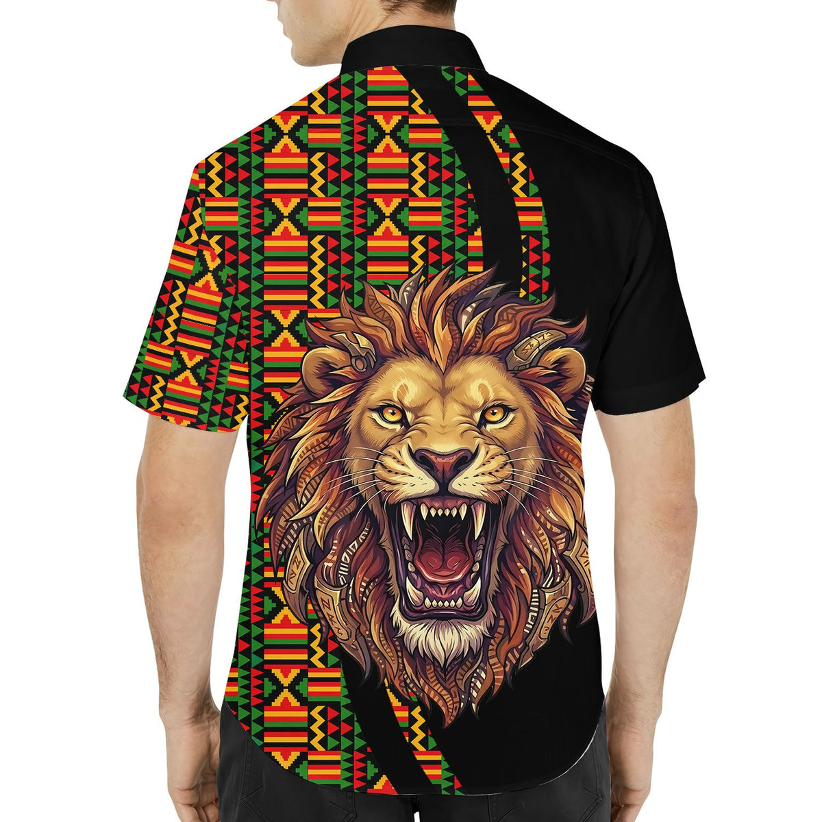 Close up back view of the roaring lion hawaiian shirt