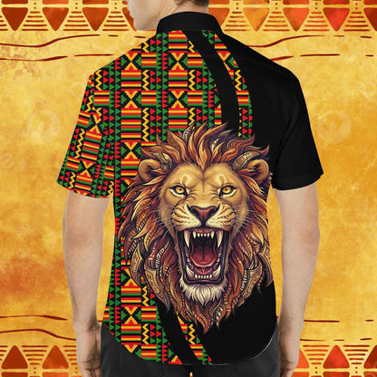 Alternate back view of the black lion hawaiian shirt