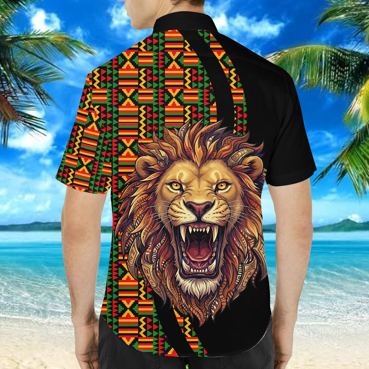 Back view of the roaring lion hawaiian shirt with geometric pattern
