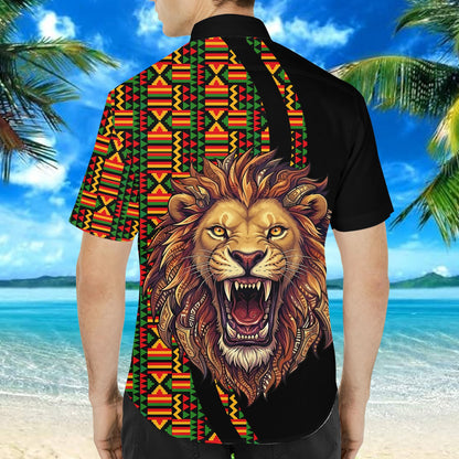 Back view of the roaring lion hawaiian shirt with geometric pattern