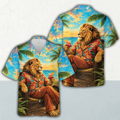 Vibrant photo hawaiian shirt featuring a lion on a tropical beach, front main view