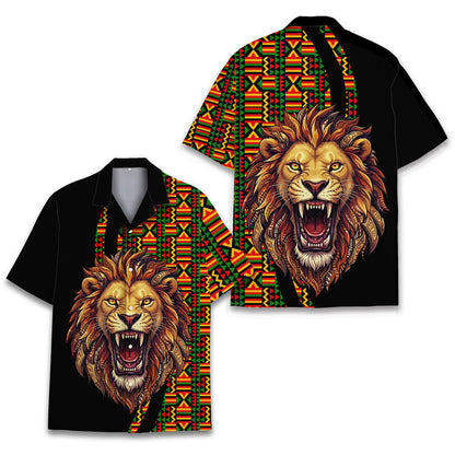 Detailed front view of the roaring lion hawaiian shirt