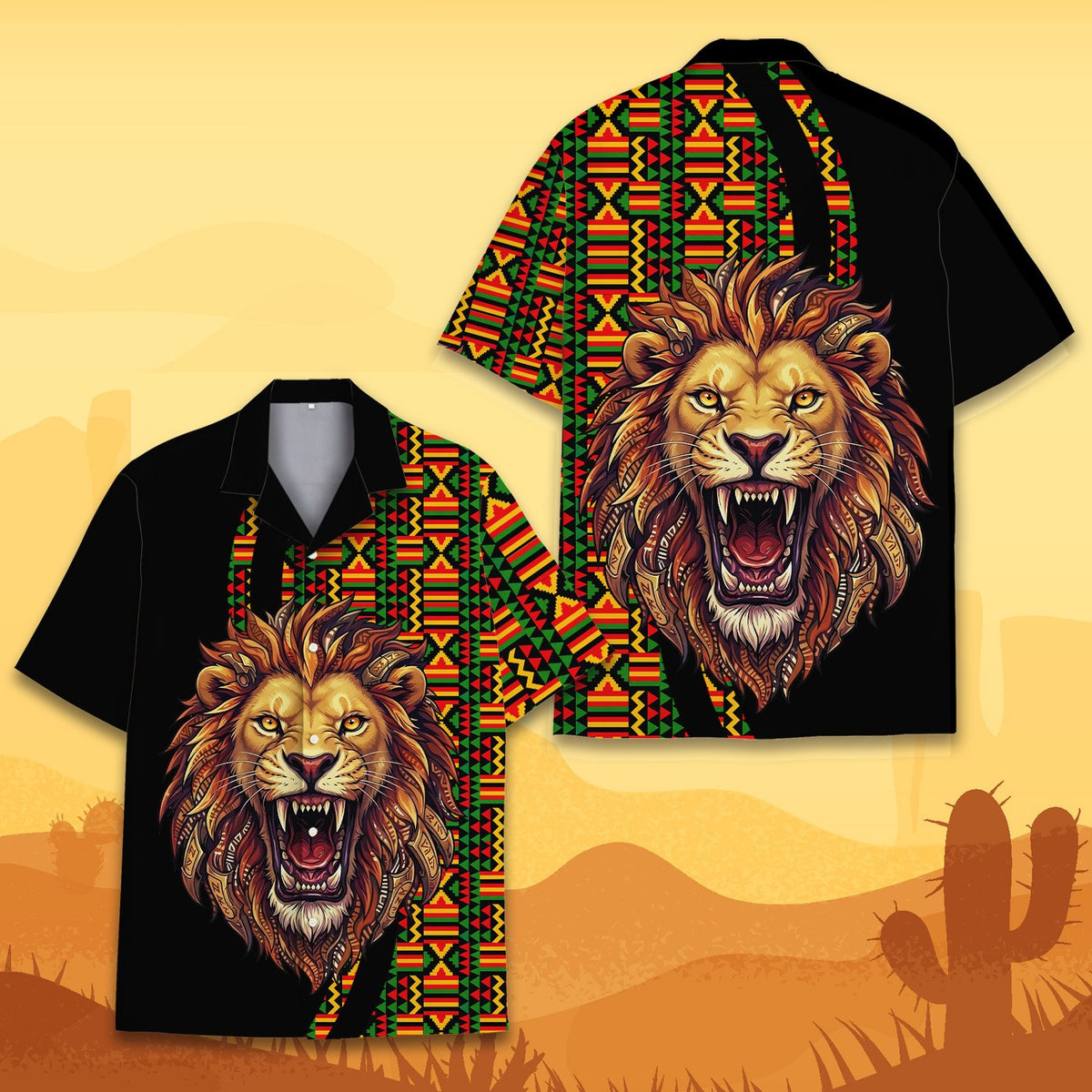 Close up front view of the roaring lion hawaiian shirt geometric pattern