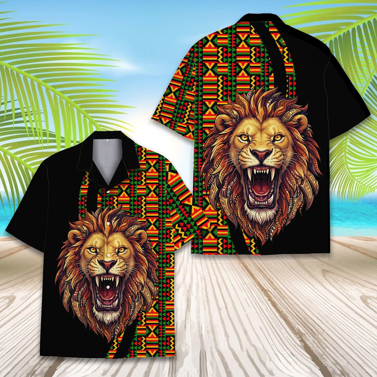 Alternate front view of the lion hawaiian shirt