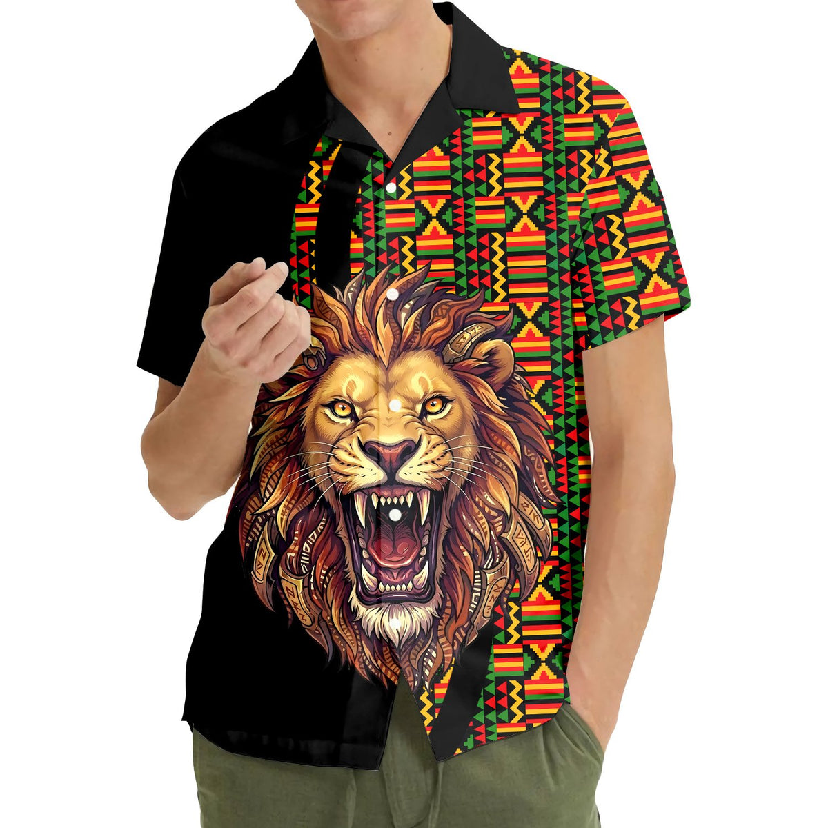 Roaring lion hawaiian shirt with geometric pattern on one side, main view