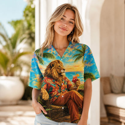 Lifestyle view of the matching family hawaiian shirts featuring a beach lion design