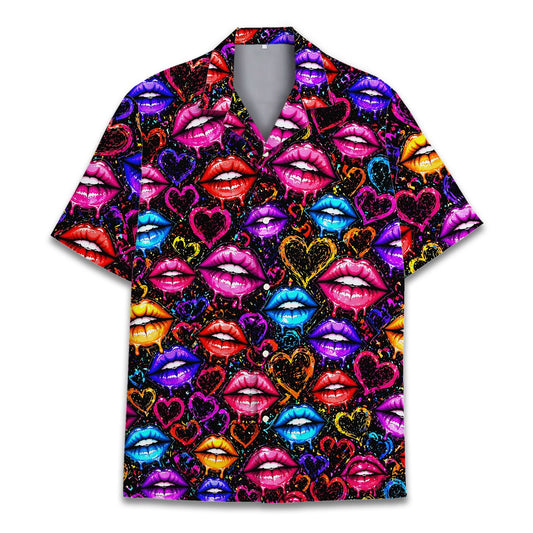 Multicolor lips hawaiian shirt with vibrant lips and hearts pattern, main view