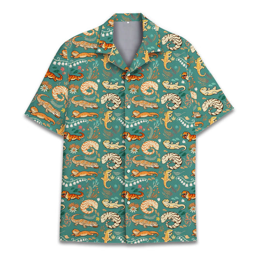 Teal lizards hawaiian shirt featuring orange geckos and tropical flowers, flat lay main view