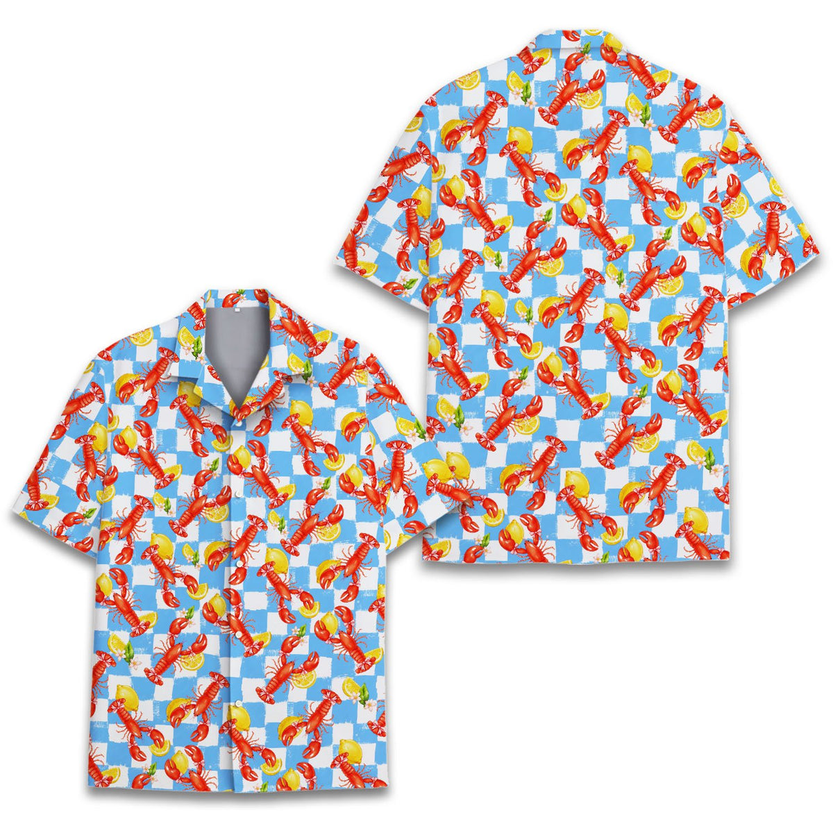 Lobster and lemon checkered hawaiian shirt featuring red lobsters on a blue and white background, front view
