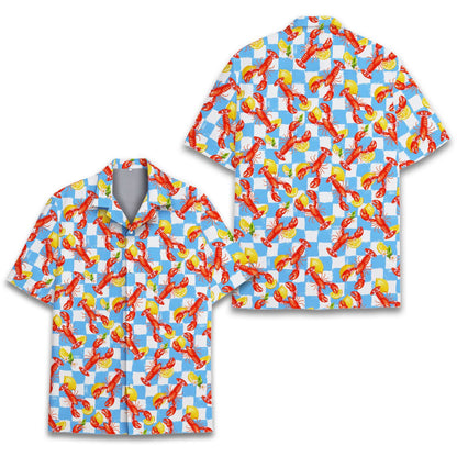 Lobster and lemon checkered hawaiian shirt featuring red lobsters on a blue and white background, front view