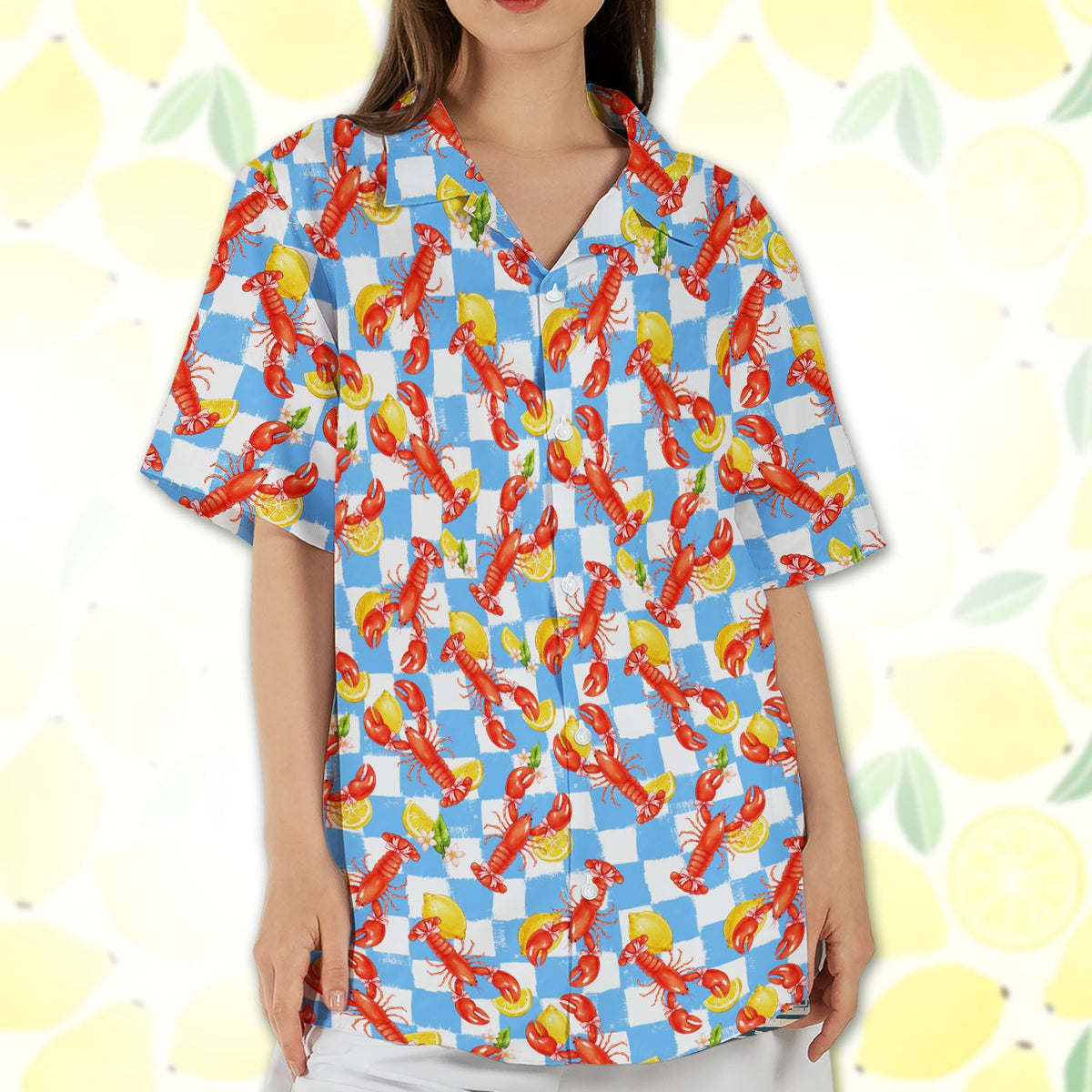 Outdoor lifestyle picture of the lobster and lemon checkered hawaiian shirt