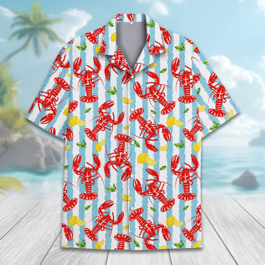 Lobster and lemon hawaiian shirt, main view on a flat surface
