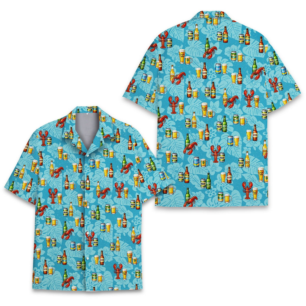 Main view of the light blue lobster & beer hawaiian shirt featuring tropical leaves