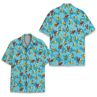 Front view of the lobster & beer hawaiian shirt with red lobsters and beer print