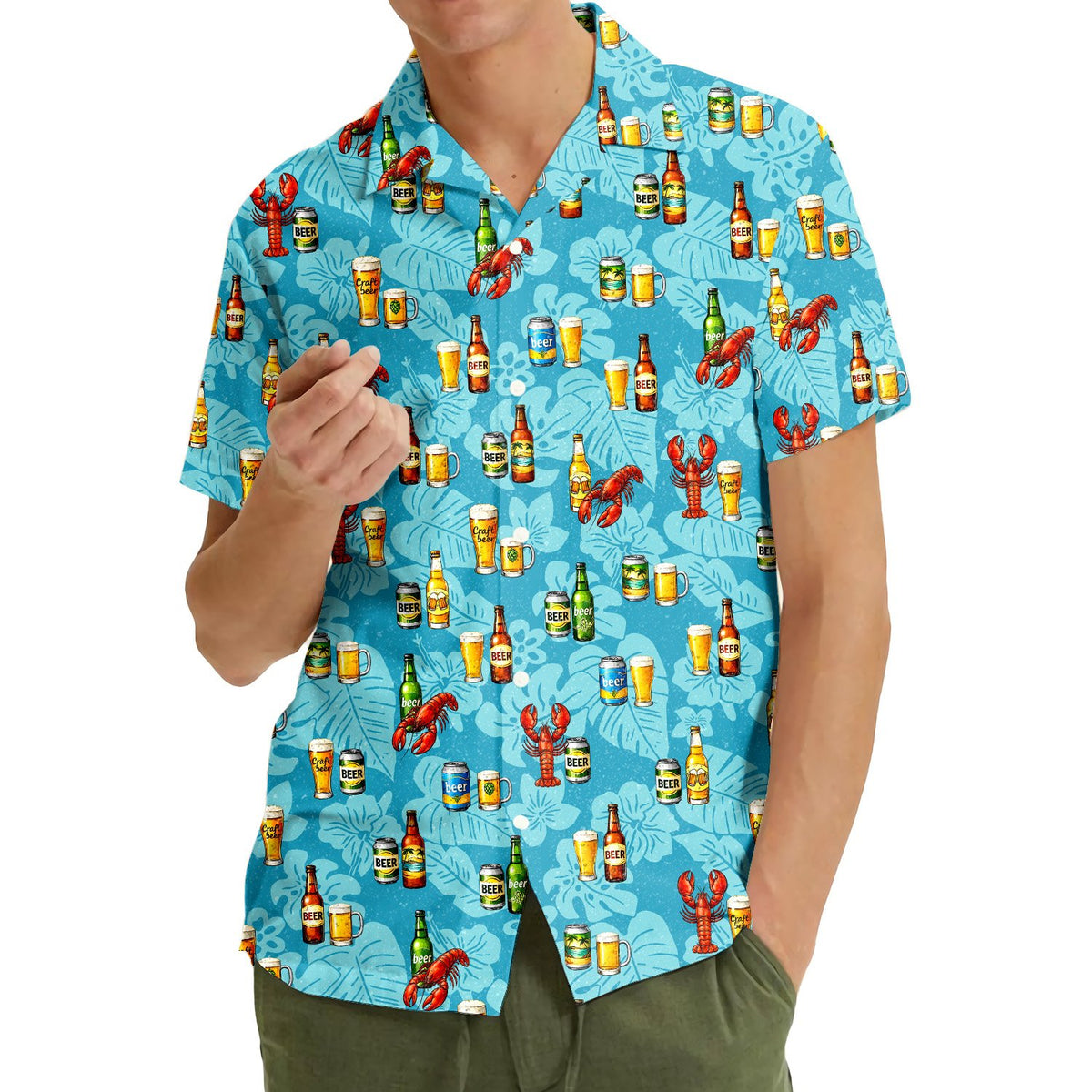 Close-up lifestyle view showing the tropical hawaiian shirt details