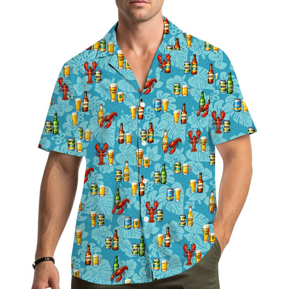 Lifestyle view of a person wearing the lobster & beer hawaiian shirt outdoors