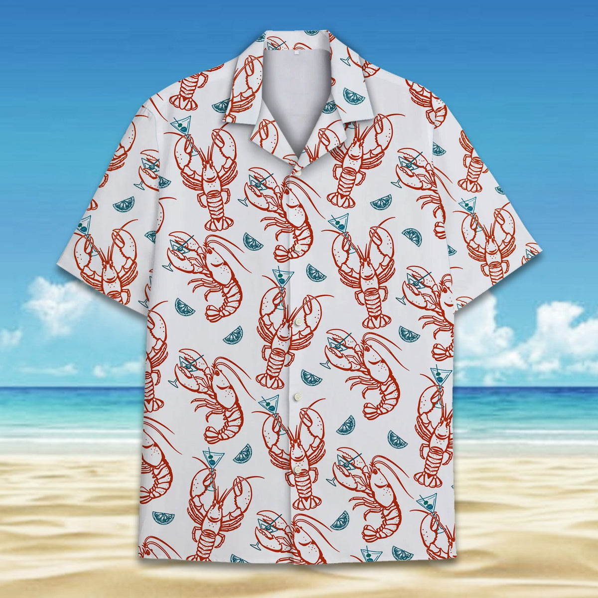 Another front detail of the lobster print hawaiian shirt with lime wedges