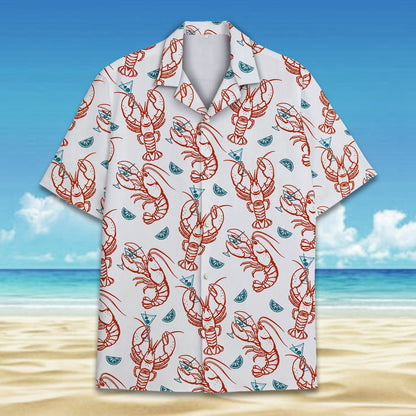 Another front detail of the lobster print hawaiian shirt with lime wedges