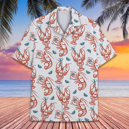 Matching family lobster print hawaiian shirt in white, front view